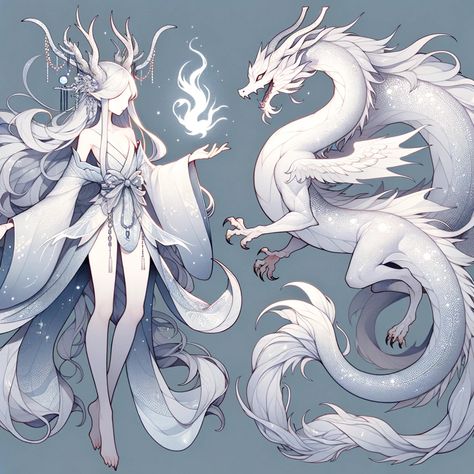 White Dragon Dnd Art, Mythical Birds Art, Platinum Dragon Dnd, Dragon Human Drawing, Shoggoth Art, Chinese Dragon Character Design, Water Dragon Oc, White Dragon Dnd, Dragon Tail Drawing