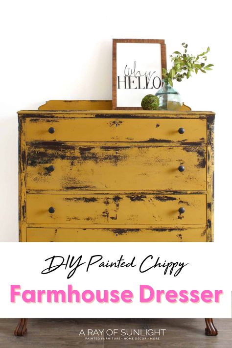 This mustard yellow dresser was such a fun easy project! From the powdered milk paint, to the way it chipped, and those stained legs! Here’s how to create your own DIY painted chippy farmhouse dresser. Mustard Painted Furniture, Yellow Dresser Makeover, Yellow Grey Black Dresser, Mustard Yellow Dresser, Mustard Yellow Chalk Painted Furniture, Mustard Yellow Dresser Painted Furniture, Turmeric Dresser, Mustard Yellow Paints, Yellow Dresser