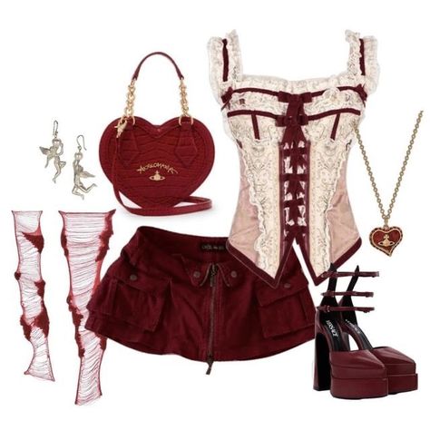 Casual Romantic Style Aesthetic, Valentine Themed Outfit, Valentines Outfits Coquette, Valentines Themed Outfit, Valentines Fits Aesthetic, Coquette Valentines Outfit, Cluttered Outfit, Modern Vampire Aesthetic Outfit, Red Clothing Aesthetic