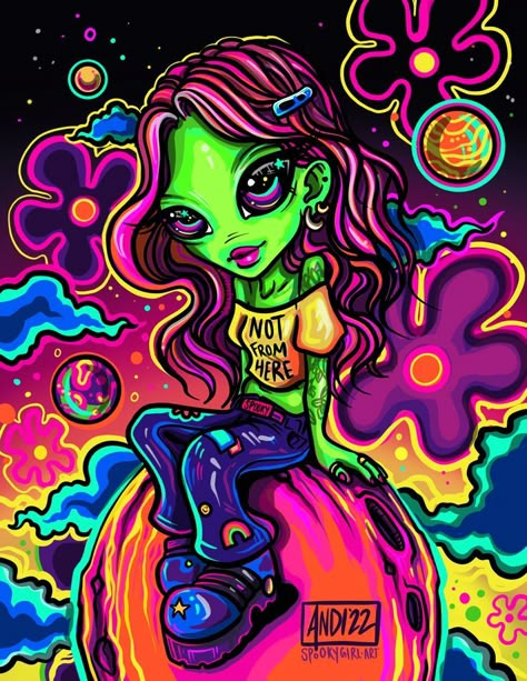 Lisa Frank inspired illustration by artist Andrea Nancy, creator of the Spooky Girl universe