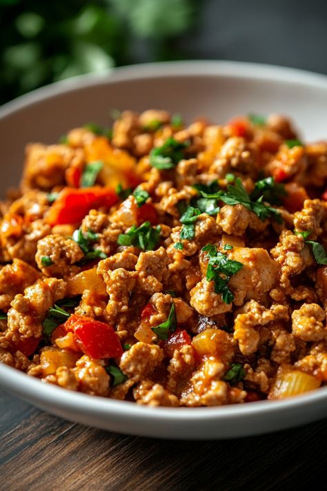 A bowl of seasoned ground meat and chopped vegetables garnished with fresh herbs. Ground Chicken With Rice Recipes, Ground Chicken And Bell Pepper Recipes, Ground Chicken Dairy Free Recipes, Curry Ground Chicken, Ground Chicken Marinade, One Pot Ground Chicken Recipes, Ground Chicken And Potatoes, Thai Ground Chicken Recipes, Ground Chicken Meal Prep Recipes