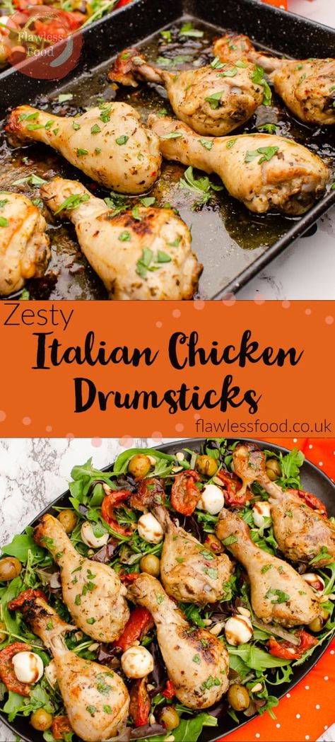 Zesty Italian Chicken Drumsticks are a delicious dinner recipe idea.  Mess-free, lemon, garlic, olive oil and Italian seasoning marinade mixed together with chicken legs in a food bag.  Shown here oven-baked but can also be done in an Air Fryer or equally great for a Summer BBQ. Italian Drumstick Chicken Recipes, Italian Chicken Legs In The Oven, Italian Chicken Leg Recipes, Chicken Drumsticks Oven, Italian Marinade For Chicken, Zesty Italian Chicken, Delish Dinners, Chicken Italian, Turkey Meals