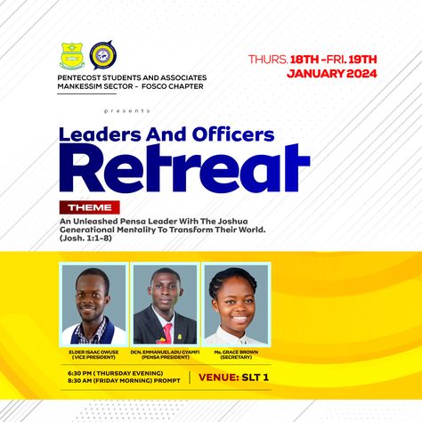 Leaders and officers retreat flyer designed by Oppomence graphics, contact us on 0247369275 Retreat Flyer Design, Retreat Flyer, Retreat Themes, Flyer Design Layout, Church Graphic Design, Self Confidence Tips, Confidence Tips, Design Layout, Flyer Design