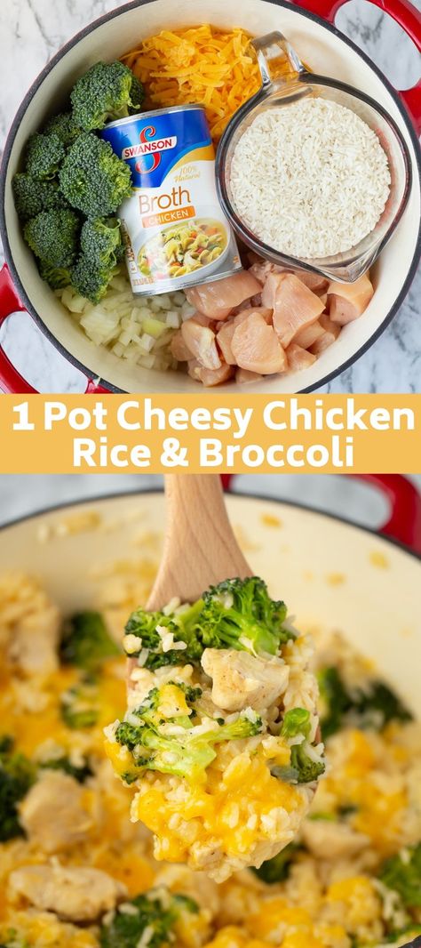 My FAVORITE easy dinner recipe! 1 Pot Cheesy Chicken Rice & Broccoli Chicken Rice Broccoli, Cheesy Chicken Rice, Rice Broccoli, Crock Pot Recipes, Diner Recept, Easy Dinner Recipe, Broccoli Rice, Chicken And Rice, Cheesy Chicken