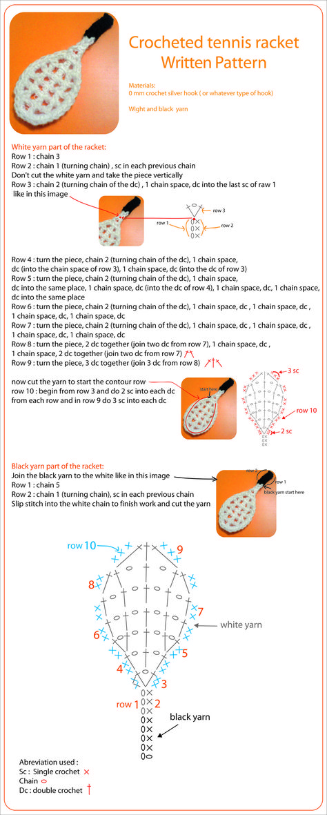 crocheted tennis racket written pattern Appliques Au Crochet, Crochet Diagrams, Crochet Applique Patterns Free, Crochet Bunting, Crochet Classes, Crochet Bows, Tennis Elbow, Crochet Inspo, Crochet Bookmarks