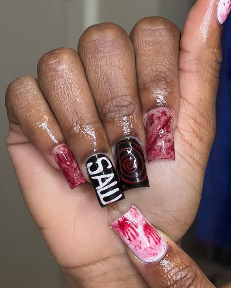 halloween ready 🩸🖤 - if you’re seeing this dm @nails.bydaya_ to book an appt 🤍 - - - - - - - - - - - - #saw #sawmovie #sawnails #bloodynails #gorenails #goreynails #halloweennails #mediumnails #bloodnails #nailsofinstagram #fyp #gelxnails #gelxnailtech #bptnailtech #ctnailtech #ctnails #bptnails #bridgeportnails #bridgeportct #bridgeportnailtech #bridgeportctnailtech #bridgeportctnails #beginner #notaprofessional #justforfun #nailart #naildesigns #nailinspo #nails.bydaya_ #nailsbydaya Saw Nail Art, Saw Movie Nails, Saw Nails Halloween, Halloween Nail Inspo Chucky, Gory Halloween Nails, Blood Nails, Nail Tech, Halloween Nails, Nail Inspo