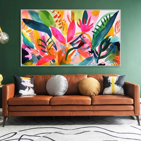 Colorful Leaves Painting on Canvas Tropical Garden Painting Green Plants Art Tropical Style Art Painting Boho Canvas Art Fashion Wall Decor - Etsy Colorful Prints Wall Art, Triptych Painting, Boho Canvas Art, Seating Room, Tropical Artwork, Boho Canvas, Leaves Painting, Zen Den, Den Ideas