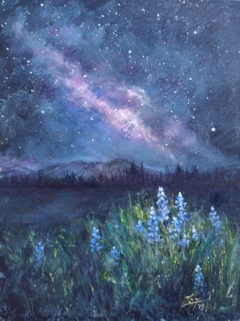 Field At Night Painting, Celestial Acrylic Painting, Flowers At Night Painting, Night Garden Painting, Stars Acrylic Painting, Stars Painting Aesthetic, Celestial Painting Ideas, How To Paint Night Sky, Landscape Paintings Night