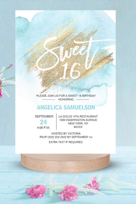 Modern Watercolor Blue Sweet 16 Sixteen 3.5x5" Invitation #sweetsixteen #sixteenbirthday #birthday #happybirthday #birthdaycards #birthdayparty Sixteen Birthday Ideas, Elegant Sweet 16, Unique Birthday Ideas, Sixteen Birthday Party Ideas, Blue Sweet 16, Sweet Sixteen Birthday Party Ideas, Sweet Sixteen Party, Sweet Sixteen Invitations, Sweet Sixteen Parties