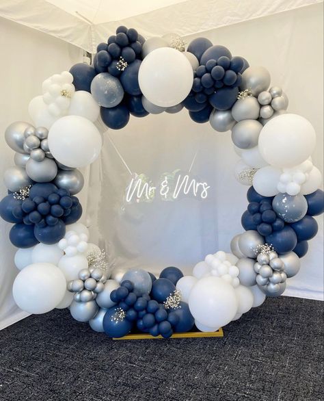 Blue And Silver 50th Birthday Ideas, Blue And Grey Balloon Garland, Blue And White Balloon Decorations, White And Blue Balloon Arch, Blue Silver Balloon Garland, Blue And White Balloon Arch, Blue Balloon Arch, Airplane Birthday Party Decorations, Double Birthday Parties