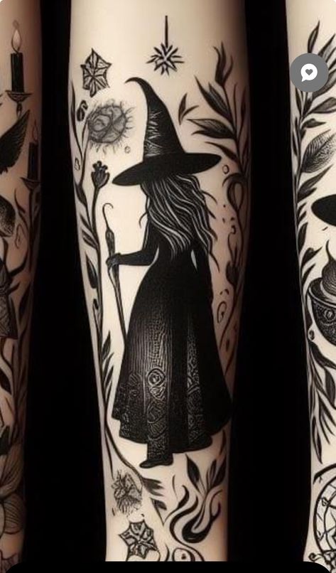 Sea Witch Tattoo Ideas, Spooky Plant Tattoo, Witches Hat Tattoo, Spooky Pinup Tattoo, Small Spooky Tattoos, Vampire Tattoo Designs, Cool Nature Tattoos, Scenery Tattoo, Leg Tats