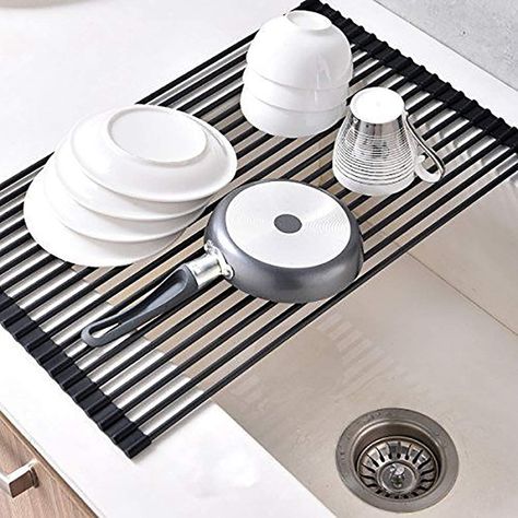 Roll-up Sink Drying Rack Full Silicone Coated Stainless Still Dish Drying Rack (Matte Black, 20.5''X13.13'') Dish Rack Over Sink, Sink Drying Rack, Coffee Table Kitchen, Kitchen Sink Storage, Sink Dish Rack, Dish Drying Rack, Wood Patio Furniture, Over Sink, Dish Drainers