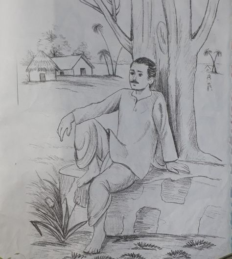 Pencil Art Drawings Human Figures, Human Figure Scenery Drawing, Figurative Composition Drawing, Kids Figure Drawing, Figer Sketch, Easy Figure Drawing, Composition Drawing Sketches, Memory Drawing Sketches, Village Scene Drawing