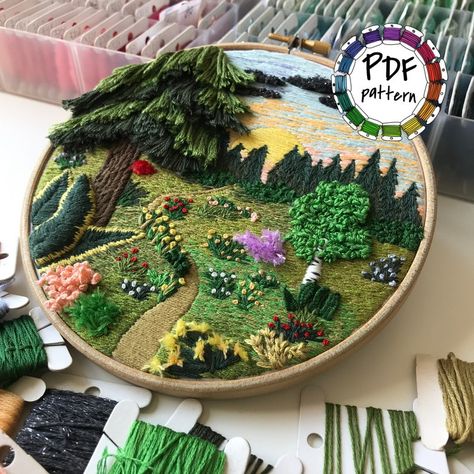 Types Of Stitches, Embroidery Stitches Tutorial, Hand Embroidery Pattern, Hand Embroidery Art, Hand Embroidery Stitches, Colorful Table, Forest Landscape, Embroidery Hoop Art, Satin Stitch