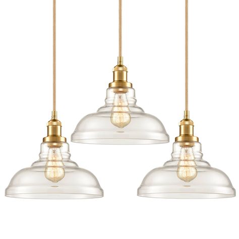 Industrial Antique Bronze Glass Pendant - Pack of 3 | Claxy Dome Kitchen, Industrial Brass, Dining Pendant, Clear Glass Pendant Light, Gold Pendant Lighting, Kitchen Hanging, Brass Pendant Light, 3 Light Pendant, Kitchen Island Pendants