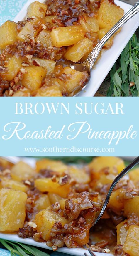 Brown Sugar Roasted Pineapples are a wonderful side dish with ham or other cuts of pork.  Perfect for Easter, Mother's Day, Brunch or holidays.  #southerndiscourse #pineapple #Easter #holiday #MothersDay #sidedish #brownsugar #pecans #pineapplecasserole Southern Discourse, Side Dishes For Ham, Pineapple Casserole, Roasted Pineapple, Easter Side Dishes, Pineapple Desserts, Pineapple Recipes, Dessert Dips, Fruit Dishes