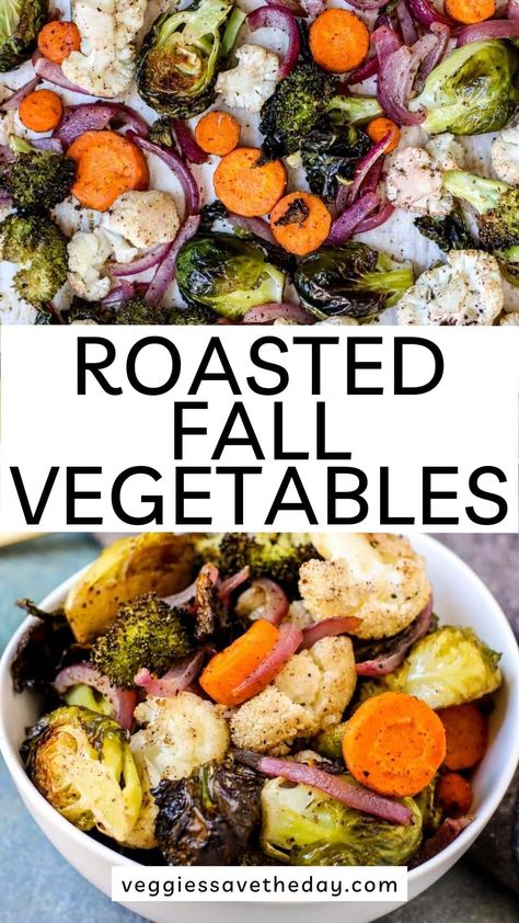 Seasoned with lemony sumac, colorful Roasted Fall Vegetables feature Brussels sprouts, cauliflower, broccoli, carrots and red onion.  The perfect side dish for both weeknights and holidays. Fall Vegetables Recipes, Sumac Recipes, Broccoli And Brussel Sprouts, Moroccan Carrot Salad, Roasted Fall Vegetables, Vegan Mediterranean, Fall Veggies, Roasted Brussels Sprouts, Fall Vegetables