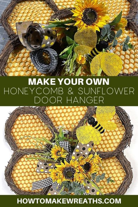 Making Honeycomb, Bee Hives Diy, Bee Hive Craft, Diy Honeycomb, Wreath Making Tutorials, Sunflower Door Hanger, Sunflower Crafts, Honey Bee Decor, Summer Door Hanger