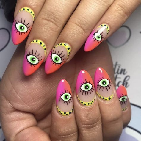 Spring Witch Nails, Red Evil Eye Nails, Hamsa Nails, Dopamine Nails, Sammi Jefcoate Nails, Tarot Card Nails, Short Witchy Nails, Crazy Nail Art Unique, Ufo Nails