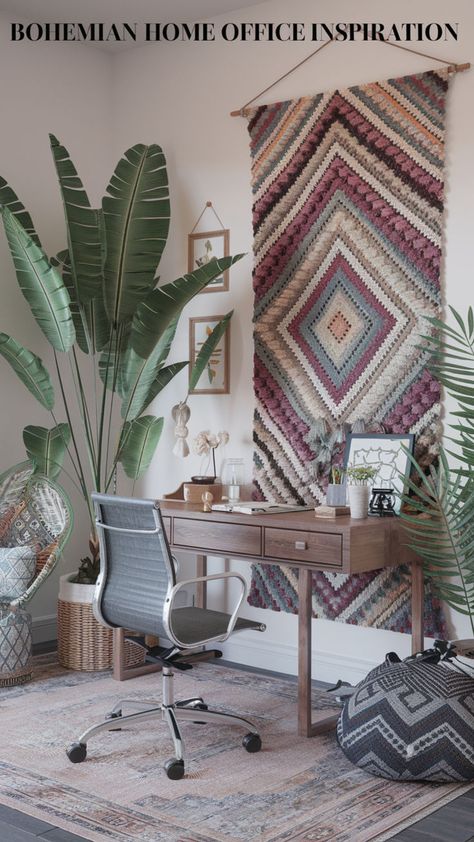 Transform your boho home office into a vibrant, colorful boho interior filled with positive vibes. 🌼 Use cute boho pieces and eclectic accents to create a fun and inspiring workspace. ✨ This bohemian style brings warmth and creativity to every corner! 🌿 With a bohemian color palette, you can strike the perfect balance between creativity and style. #bohohomeoffice #colourfulbohointerior #cuteboho #bohemianflair #bohostylehouse #bohemianhomeoffice #bohemianinterior #bohochicdecor Bohemian Style Office, Scandi Boho Interior, Bohemian Home Office, Boho Home Office, Feminine Home Office Ideas, Boho Style House, Bohemian Color Palette, Bohemian Office, Hippie Bedroom Decor