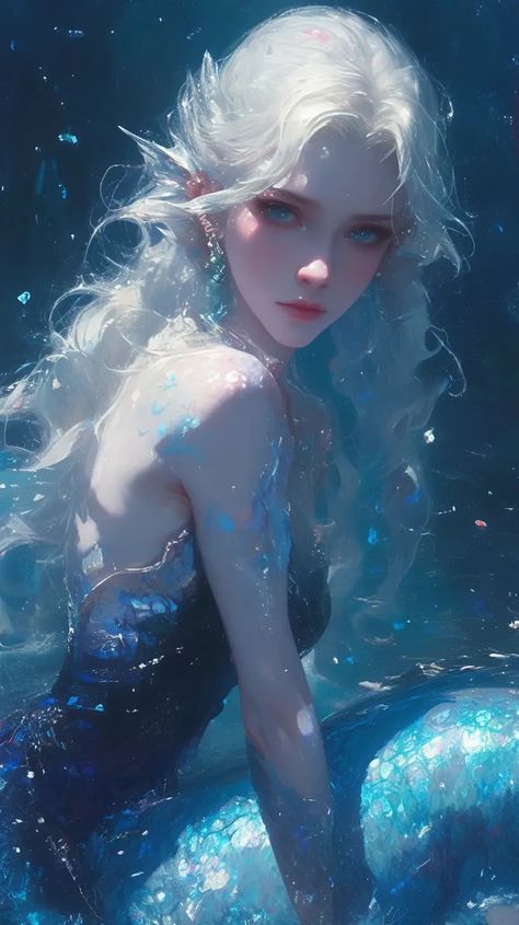 Mermaid With White Hair, Mermaid Hair Art, Siren Fanart, Mermaid Concept Art, Blue Mermaid, Butterfly Fairy, Fantasy Images, Woman Drawing, Fantasy Dress