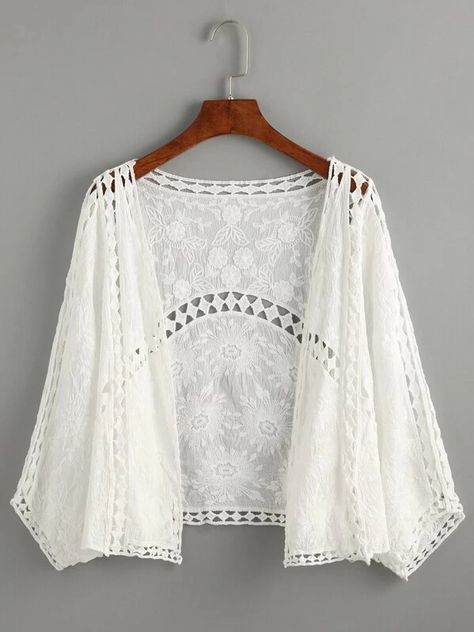 White Bat Sleeve Embroidered Hollow Out Top | SHEIN USA Outer Outfit, Hollow Out Top, White Shrug, Mode Kimono, Embroidered Kimono, Iranian Women Fashion, Mode Boho, Bat Sleeve, Womens Kimono