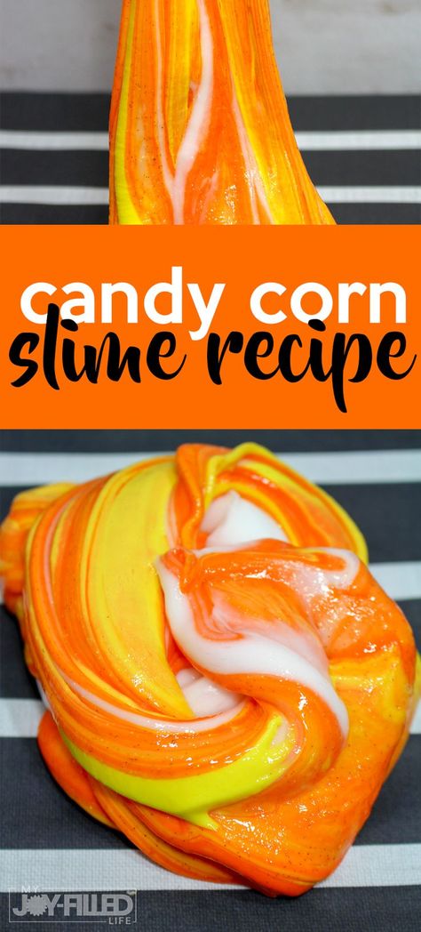 This candy corn slime is the PERFECT slime recipe for fall! It's such a fun diy slime and the kids are sure to have fun playing with this slime recipe! #slime #candycorn Candy Corn Slime, Perfect Slime Recipe, Halloween Slime Recipe, Perfect Slime, Halloween Slime, Recipe For Fall, Edible Slime, Slime Recipes, Slime For Kids