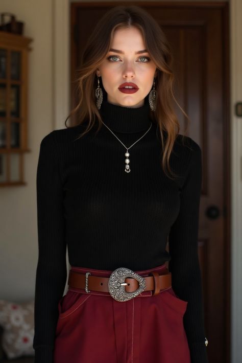 Looking for an elegant and chic outfit for your next indoor event? Look no further! This black turtleneck and red skirt combo is a must-have in your wardrobe. Pair it with statement accessories like a bold belt to elevate your look. 🔥 #FashionInspo #TrendyOutfit #StyleTips #Fashionista #WomensFashion #OOTD 🖤👠🔴 Black Skirt Outfit, Indoor Portrait, Western Gothic, Black Skirt Outfits, Black Turtle Neck, Statement Belt, Indoor Event, Red Skirt, Chic And Elegant