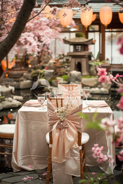 Immerse in the tranquility of a Zen garden with our spring wedding inspo 🌸. Discover how to incorporate serene cherry blossom designs into your wedding chair covers for an ethereal setting. Perfect for brides dreaming of a floral-themed day! #WeddingInspiration #SpringWedding #ZenGarden #CherryBlossoms #WeddingDecor #BridalStyle #FloralDesign #ElegantWedding Zen Garden Wedding, Wedding Japanese Theme, Japanese Cherry Blossom Wedding Theme, Cherry Blossom Wedding Ceremony, Cherry Blossom Wedding Theme Color Schemes Colour Palettes, Wedding Ideas Cherry Blossoms, Sakura Wedding Theme Decoration, Japanese Wedding Traditions, Japanese Wedding Theme