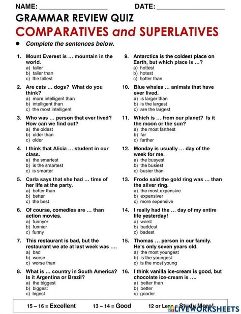 Comparative and Superlative Adjectives interactive activity for Grade 3. You can do the exercises online or download the worksheet as pdf. Middle School Grammar Worksheets, Comparative And Superlative, English Grammar Test, English Grammar Quiz, Grammar Review, English Grammar Exercises, English Quiz, English Adjectives, Adjective Worksheet