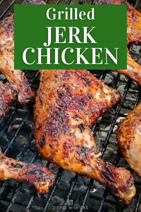 This grilled jerk chicken is marinated overnight in a flavorful blend of spices and grilled for a taste of the Caribbean in your own backyard.    Jerk chicken is a dish originating in the Caribbean islands and is most often associated with Jamaica. The marinade is a blend of of spices and chilis and is most often served on chicken and pork that is marinated overnight and grilled. Jerk Chicken Grilled, Jerk Chicken Recipe Grilled, Caribbean Jerk Chicken Recipe, Jerk Chicken Recipe Oven Baked, Jamaican Jerk Chicken Marinade, Jerk Chicken On The Grill, Grilled Jerk Chicken Recipe, Jerk Chicken Marinade, Jamaican Recipe