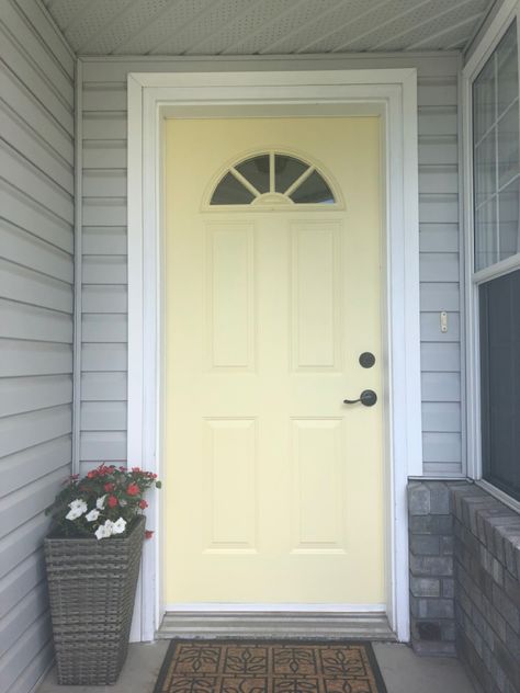 Pale Yellow Door, Pale Yellow Paints, Interior Door Color, Dark Grey Houses, Yellow Front Door, Yellow Front Doors, Yellow Paint Colors, Front Door Paint Colors, Door Paint Colors