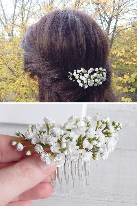 Flower hair comb with white flowers gypsophila (babys breath). Made of foam EVA material. The total length is 3.5'' (9 cm). Every flower detail and the assembly are carefully handmade done. #babysbreath #babybreath #hairstyle #hairaccessories Flower Clips For Hair Wedding, Small Flowers For Hair, Hairstyles With Gypsum Flowers, Baby Breath Hair Piece, White Flower Hair Accessories, Wedding Hair Flower Comb, Babies Breath Hairstyles, Gypsum Flower Hairstyle, Diy Flower Hair Comb