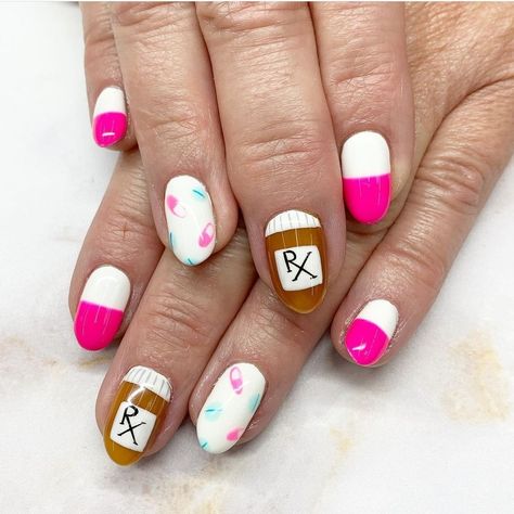 pills, pharmacy, nails, pink, pill nails Pharmacy Nails Design, Pill Nail Art, Pill Nails, Nurse Nail Designs, Medical Nails, Science Nails, Nurse Nails, Tech Nails, Grad Nails