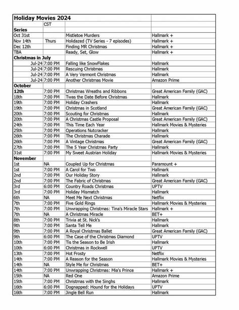 Christmas Movies: Hallmark, Lifetime, Netflix, and Classics | To all the Christmas movie fans… I have put together a spreadsheet that you can print of the new 2024 movies on Hallmark, GAC, Lifetime, UPtv, Amazo... | Facebook 2024 Movies, Christmas Movies Hallmark, Hallmark Christmas Movies, Hallmark Movies, Hallmark Christmas, Everything Christmas, Christmas Movie, General Information, Christmas Movies