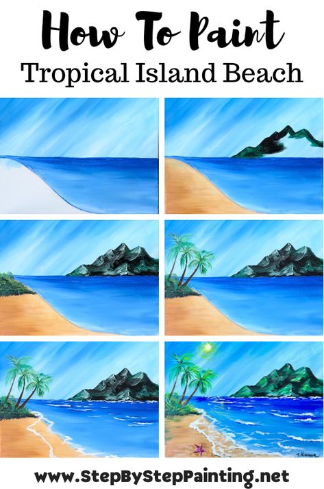 How To Paint A "Tropical Island Beach" - Acrylic Tutorial Step By Step Palm Tree Painting, Painting With A Twist Ideas Step By Step, Step By Step Beach Painting, How To Paint A Beach, How To Paint Step By Step, How To Paint Acrylic, Tropical Painting Ideas, Beachy Paintings Easy, Easy Painting Acrylic