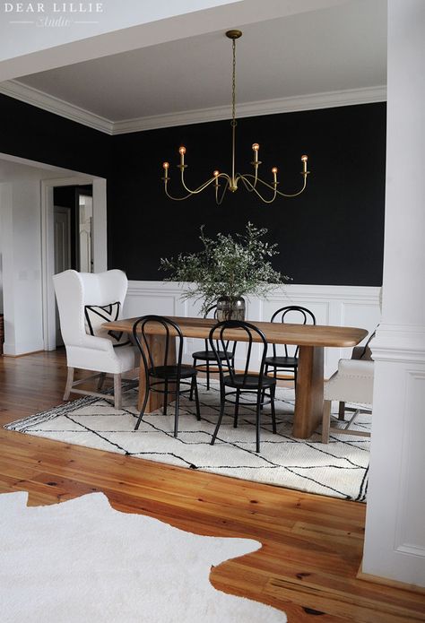 Modern Dining Room With Chair Rail, Dining Room Paint Color Ideas Modern, Dark Painted Wainscoting Dining Room, Dark Wall In Dining Room, Gray And Black Dining Room, Remodeled Dining Room, Black Wall Dinning Room Ideas, Wood Black Dining Room, Black Gold Wood Dining Room