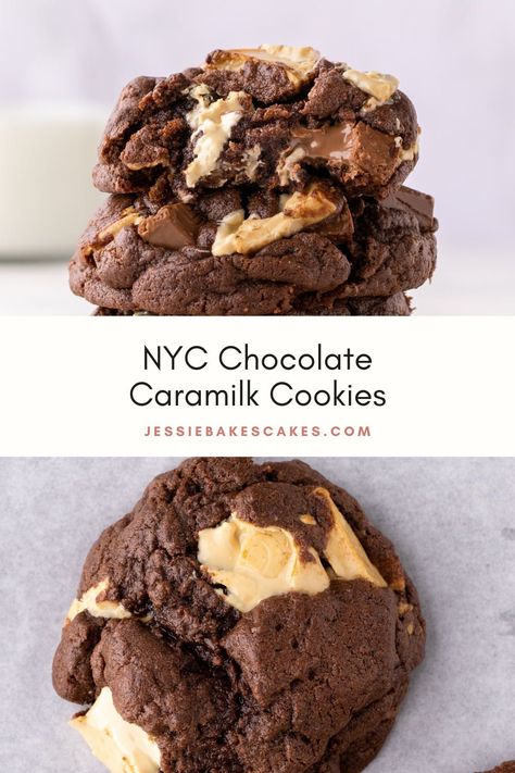 Chocolate Filling For Cookies, Thick Chunky Cookies, Chunky Nyc Cookies, Christmas Soft Cookies, Nyc Chocolate Chip Cookies, Nyc Cookies Recipe, Nyc Cookie Recipe, Chunky Cookies Recipes, Caramilk Cookies