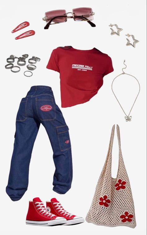 Red Football Game Outfit, Y2k Fashion Early 2000s Outfit, Y2k Fashion Early 2000s, Find Your Own Style, Red And White Outfits, 2000s Outfit, Game Outfit, Football Game Outfit, Alternative Style