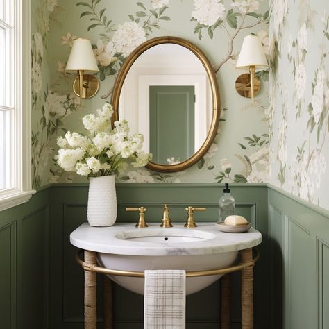 Small Powder Bathroom, Green Powder Room, Farmhouse Powder Room, Wallpaper Powder Room, Bathroom Lighting Ideas, Hydrangea Wallpaper, Powder Bathroom, Powder Room Wallpaper, French Country Bathroom