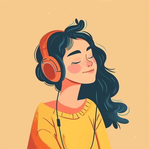 🎁🚀Charming Illustrations with Midjourney Prompts: Tap the Link in my Bio📌🔗 Girl Listening To Music Drawing, Girl With Headphones Drawing, Listening Music Aesthetic, Music Illustration Design, Listening To Music Illustration, Listening To Music Drawing, Headphones Illustration, Woman With Headphones, Woman Listening To Music