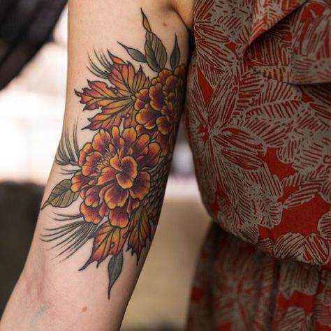 Fall Leaves And Flowers Tattoo, Fall Arm Sleeve Tattoos, Marigold Sleeve Tattoo, Halloween Fall Tattoo, Fall Sleeve Tattoo, Fall Floral Tattoo, Fall Flowers Tattoo, Fall Flower Tattoo, Fall Tattoo Sleeve