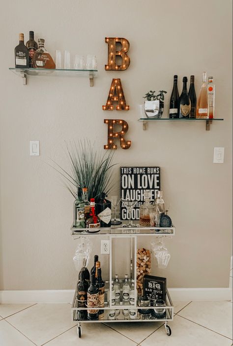 Bar Wall Decor Ideas For Home, Bar Cart Shelves Above, Modern Bar Cart Ideas, Vintage Bar Area In Home, Farmhouse Bar Cart Ideas, Mini Bar Cart Ideas Small Spaces, Wood Bar Cart Styling, Bar Cart Wall Ideas, Black Bar Cart Decor