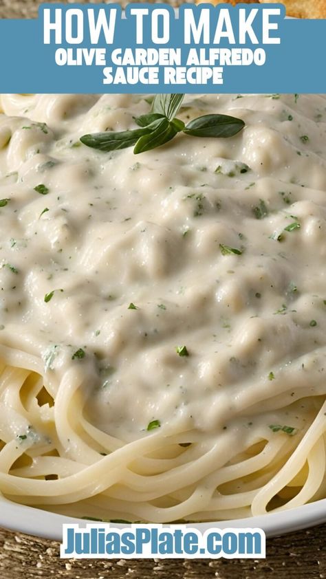 Olive Garden Alfredo Sauce Recipe - Julia's Plate Easy Creamy Sauce, Olive Garden Alfredo Sauce Recipe, Olive Garden Alfredo, Olive Garden Alfredo Sauce, Plant Based Cheese, Nuggets Recipe, Alfredo Sauce Recipe, Cheesy Pasta, Copycat Restaurant Recipes