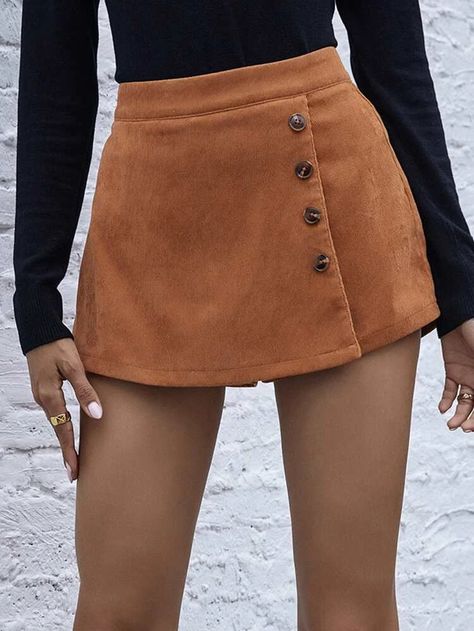 Casual Brown Short Skort, Corduroy A Line Mini Skirt, Casual Brown Corduroy Mini Skirt, Cheap Corduroy Mini Skirt With Button Closure, Courduroy Mini Skirt, Knit Lace Dress, Ruffle T Shirt, Short Pollera, Streetwear Shorts