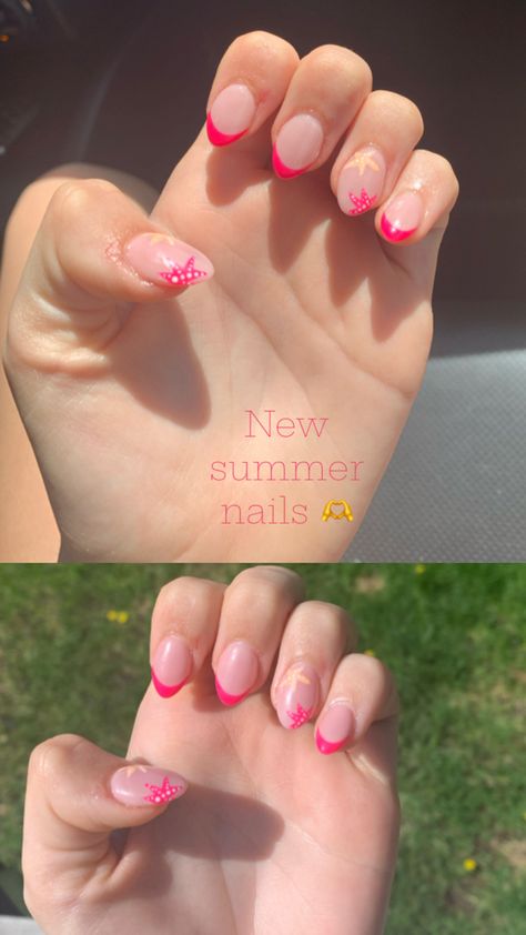 Starfish, French tipped nails Starfish French Tip Nails, Cute Summer Gel Nails, Summer Nails Starfish, French Tipped Nails, Starfish Nail Art, Starfish Nails, Tipped Nails, Summer Gel Nails, Summery Nails