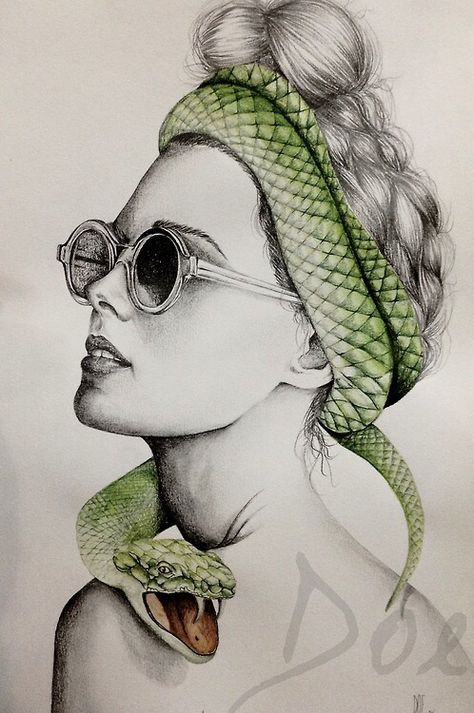 Drawing of woman wearing sunglasses & a green snake wrapped around her head  art Woman Wearing Sunglasses, Drawing Of Woman, Snake Painting, Snake Drawing, Head Art, Snake Art, Green Snake, Desenho Tattoo, Wearing Sunglasses