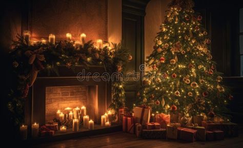 Interior christmas. Christmas room, fireplace with fire and Christmas tree with decorations in dark. Decorated Christmas Tree royalty free stock ima Fireplace Gif, Christmas Fireplace Illustration, Fire Room Fantasy Art, Christmas Tree With Decorations, Anime Living Room Background Night, Living Room Cartoon Background Night, Dark Illustration, Gacha Background, Room Fireplace