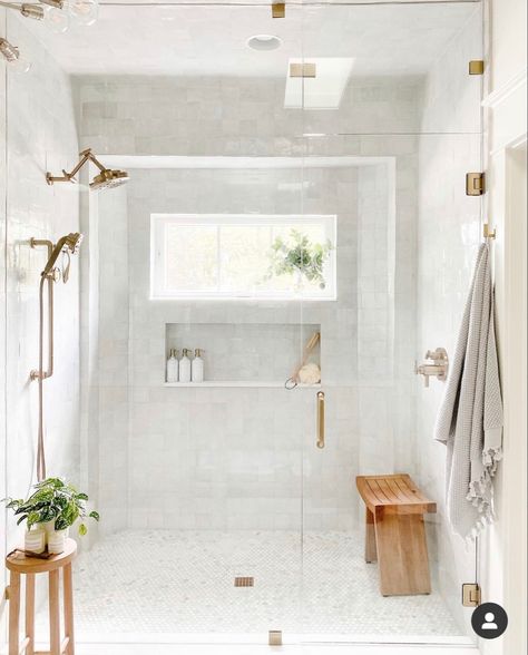 Simple Modern Master Bath, Steam Shower With Window, Neutral Bathroom Ideas Modern, Timeless Shower Ideas, Organic Master Bath, Long Narrow Master Bath, Shower With Large Window, Shower In Front Of Window, Airy Master Bath