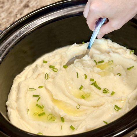 A crockpot full of mashed potatoes. Crockpot Mashed Potatoes Dinner In 321, Dinnerin321 Crockpot Mashed Potatoes, Clean Mashed Potatoes, Crock Pot Creamed Potatoes, Slow Cooked Mashed Potatoes, Potato Recipes Mashed Potatoes Recipe, Crockpot Creamy Mashed Potatoes, Mashed Potatoes In Crockpot Slow Cooker, Making Mashed Potatoes In Crock Pot